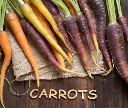 Fresh organic rainbow carrots and word Carrots on wood