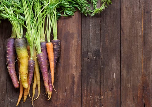 Fresh organic rainbow carrots with leaves on a wooden table