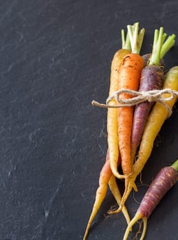 Bunch of fresh organic rainbow carrots on a dark background