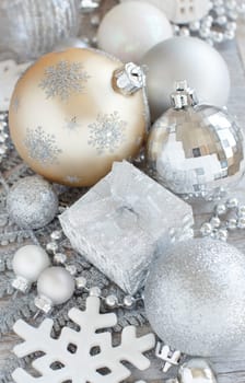 Silver and cream Christmas christmas decorations close up