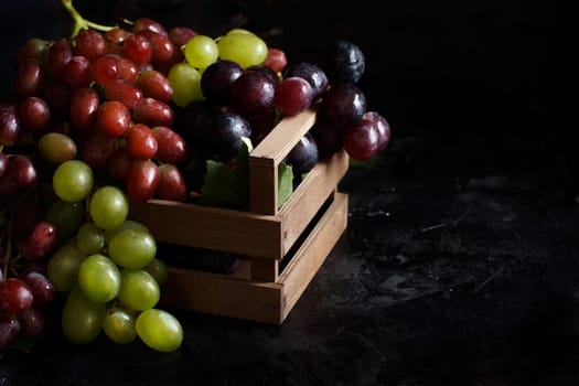 White, red and blue grapes on a silver bowl on a dark Background