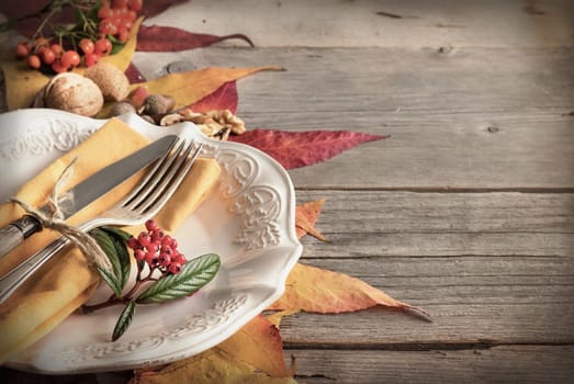 Autumn rustic table setting with berries, leaves, acorns and nuts