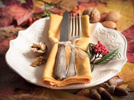 Autumn rustic table setting with berries, leaves, acorns and nuts