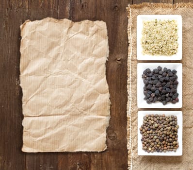 Legumes in bowls on a wooden table