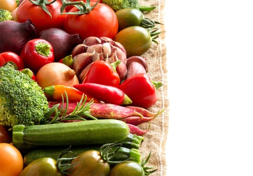 Colorful vegetables border on a white background