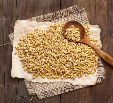 Raw organic spelt with a spoon on a wooden table