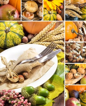 Collage with Rustic autumn table setting on wooden table