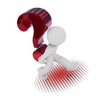 3d rendering of a character with a big red question mark