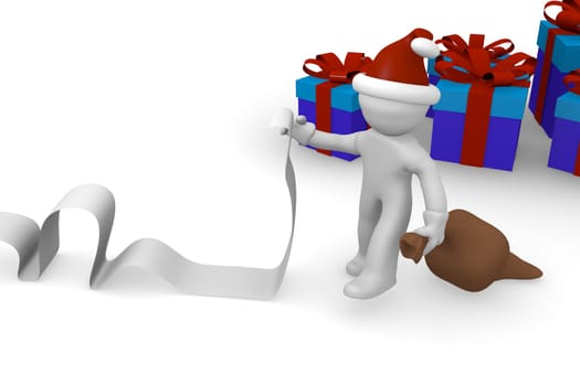 Santa with a long wish list and blue gift boxes, 3d rendering
