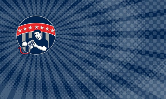 Business Card showing Illustration of a flag football player QB holding ball running set inside circle with stars and stripes in the background done in retro style. ...