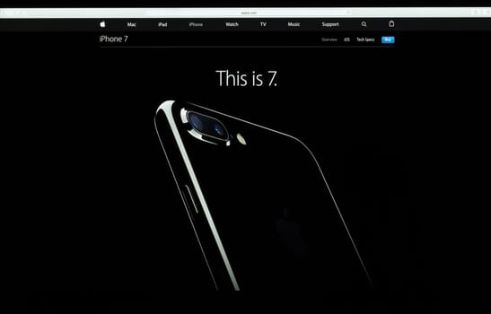 Bangkok, Thailand - SEPTEMBER 27, 2016: Apple computer website showcasing iPhone 7 available for sale, iPhone 7 is new phone from Apple Inc. come along operating system ios 10
