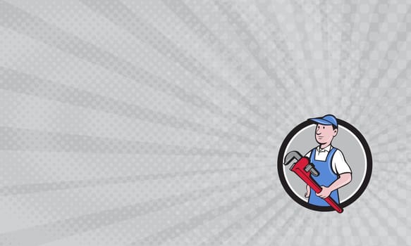 Business Card showing Illustration of a handyman wearing hat looking to the side holding pipe wrench viewed from front set inside circle on isolated background done in cartoon style.            ...