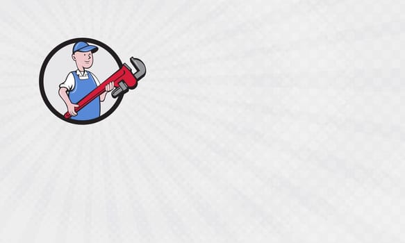 Business Card showing Illustration of a mechanic cradling holding giant pipe wrench looking to the side viewed from front set inside circle on isolated background done in cartoon style. ...
