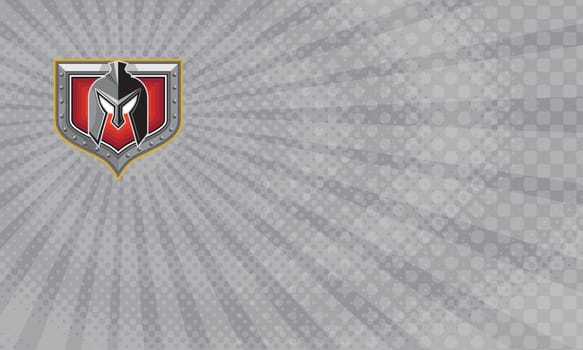 Business Card showing Illustration of a spartan helmet viewed from front set inside shield crest on isolated background done in retro style. ...