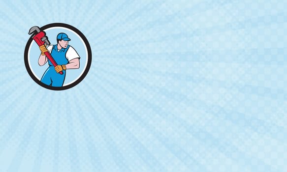 Business Card showing Illustration of a plumber holding giant pipe wrench looking to the side viewed from front set inside circle on isolated background done in cartoon style. ...