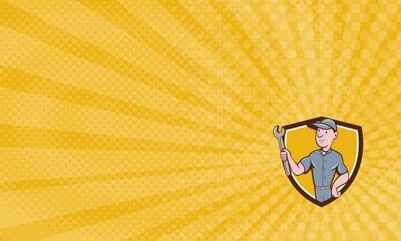 Business Card showing Illustration of a repairman handyman worker wearing hat holding spanner wrench looking to the side set inside shield crest done in cartoon style. ...
