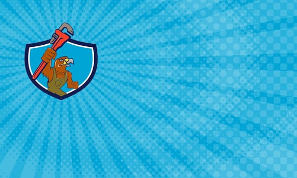 Business Card showing Illustration of a hawk mechanic raising up pipe wrench spanner set inside shield crest on isolated background done in cartoon style. ...
