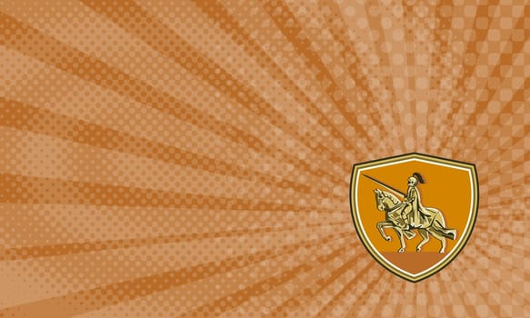 Business Card showing Illustration of knight in full armor with lance riding horse steed viewed from the side set inside shield crest done in retro style. ...