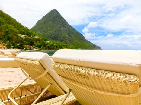 Beautiful white sand beach in Saint Lucia, Caribbean Islands and beach beds