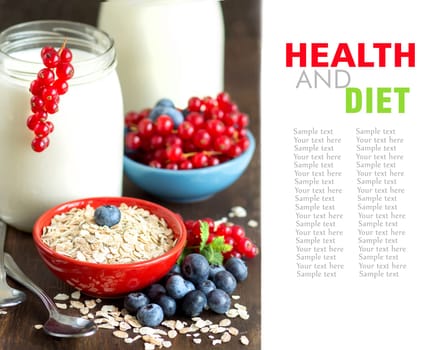 Jars of fresh natural yogurt, berries and cereals