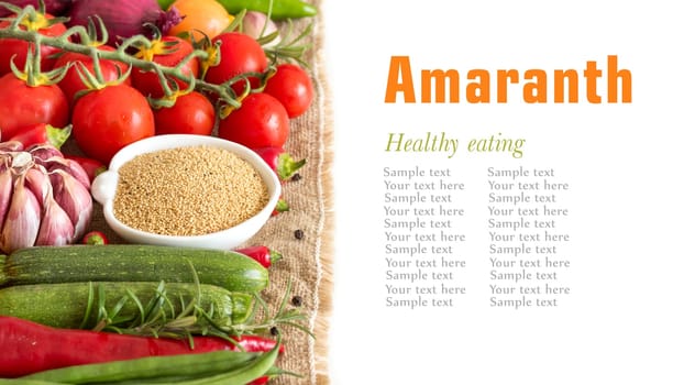 Raw organic amaranth in a bowl and vegetables