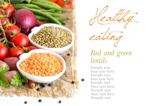 Red and green lentils and vegetables isolated on white