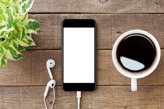 smartphone white screen on wooden table, mockup modern smartphone jet black color