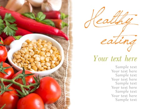 Vegetables and yellow peas on a white background