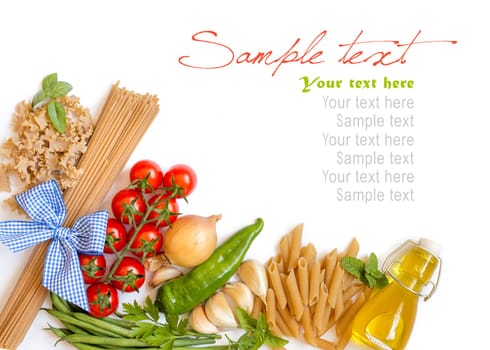 Italian Pasta with tomatoes, green beans, onion, garlic, herbs and olive oil on a white background (with space for text)
