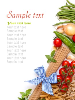 Italian Pasta with tomatoes, green beans, onion, garlic, herbs and olive oil on a white background (with space for text)