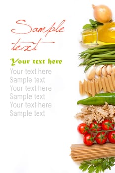 Italian Pasta with tomatoes, green beans, onion, garlic, herbs and olive oil on a white background (with space for text)