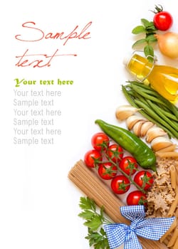 Italian Pasta with tomatoes, green beans, onion, garlic, herbs and olive oil on a white background (with space for text)