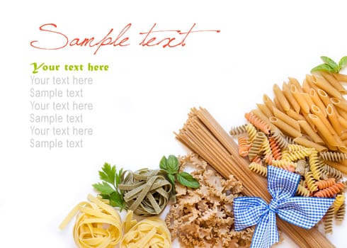 Italian Pasta with basil and parsley on a white background (with space for text)