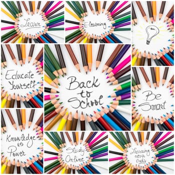 Photo collage of Close up macro shot over colouring pencils in circle arrangement with message Back To School, education and creativity concept