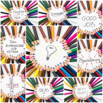 Photo collage of Close up macro shot over colouring pencils in circle arrangement, TeamWork and Brainstorming conceptual images