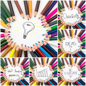 Photo collage of Close up macro shot over colouring pencils in circle arrangement, Creativity conceptual images