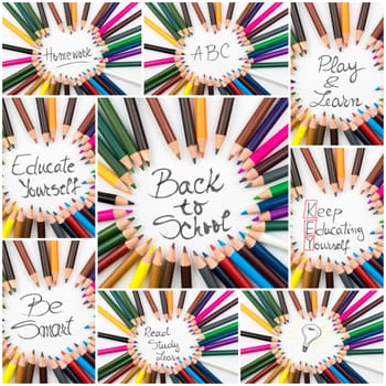 Photo collage of Close up macro shot over colouring pencils in circle arrangement with message Back To School, education and creativity concept