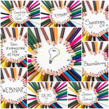 Photo collage of Close up macro shot over colouring pencils in circle arrangement, TeamWork and Brainstorming conceptual images