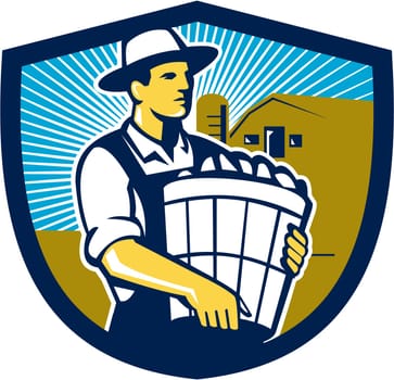 Illustration of an organic farmer carrying basket of harvest crops looking to the side set inside shield crest with barn and sunburst in the background done in retro style.