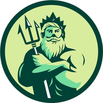 Illustration of triton mythological god arms crossed holding trident viewed from front set inside circle on isolated background done in retro style.