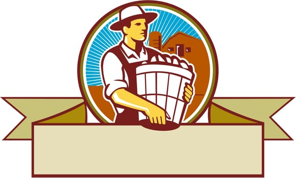 Illustration of an organic farmer carrying basket of harvest crops looking to the side set inside circle and ribbon with barn and sunburst in the background done in retro style.