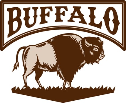 Illustration of an American bison or buffalo viewed from the side set on isolated white background with the word text Buffalo done in retro woodcut style.