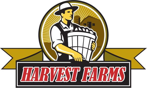 Illustration of an organic farmer carrying basket of harvest crops looking to the side set inside circle with barn and sunburst in the background and the words text Harvest Farms on a ribbon done in retro style.