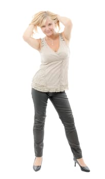 Full length portrait of a caucasian blond woman isolated on white