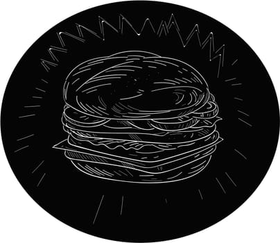 Drawing sketch style illustration of a cheeseburger set inside oval shape on isolated black background.