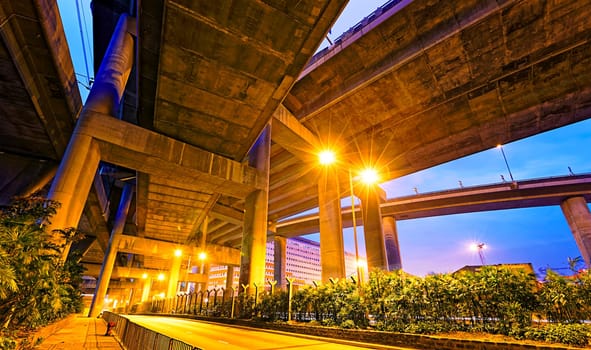 Night landscape , park under highway, Industrial ring, bridge in hong kong city