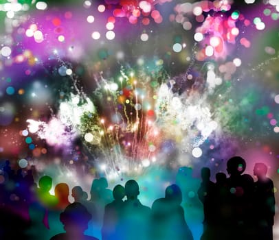 nightly fireworks with colorful light and glitter patterns,colorful confetti rain and spectator silhouettes,mixed media