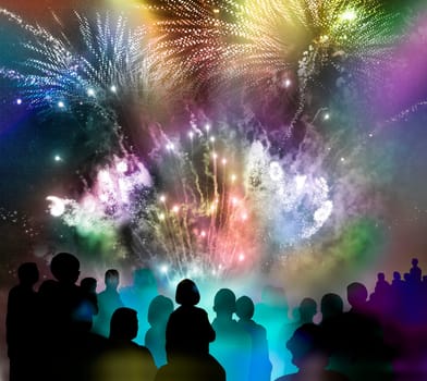 nightly fireworks with colorful light and glitter patterns and illustrated audience silhouettes,mixed media