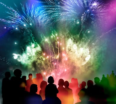 nightly fireworks with colorful light and glitter patterns and illustrated audience silhouettes,mixed media