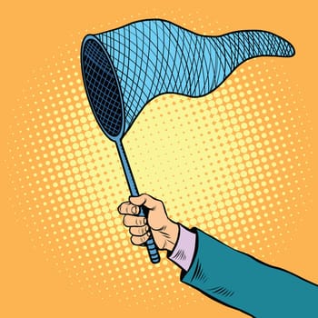 Hand with a butterfly net, pop art retro vector illustration. A tool for catching fish and insects
